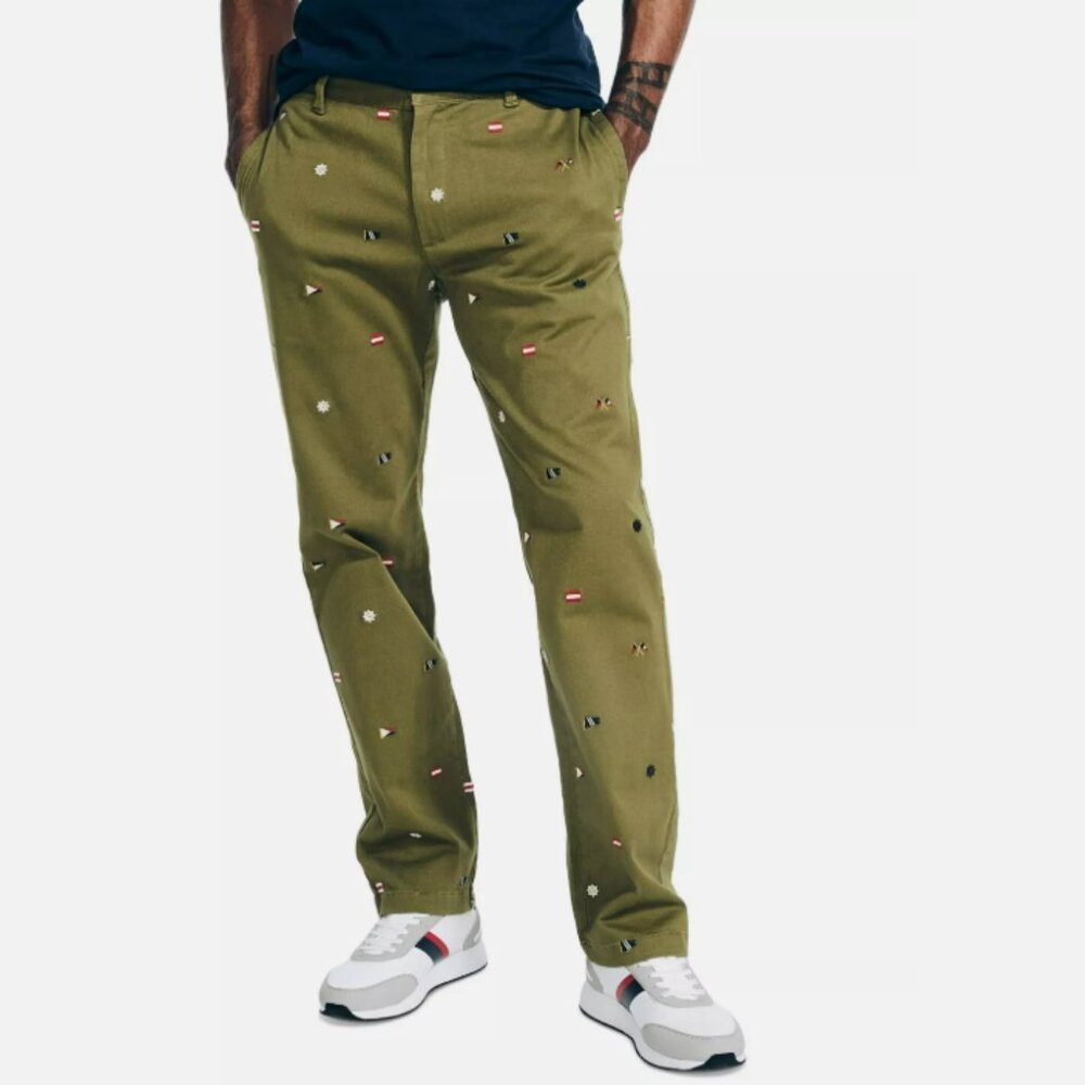 Mens Nautica Classic Fit Embroidered Flag Chino Pants Olive Green 34 x 30 New
